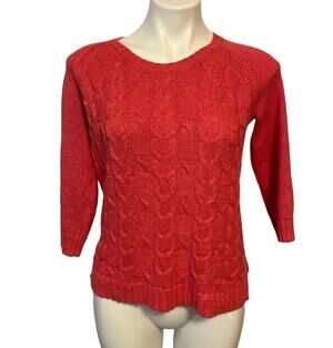 Womens Cable Knit Sweater Size Small Dark Salmon Pink Linen Blend 3/4 Sleeve EUC